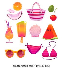 Cute summer stickers for girls, cartoon ice cream, pink bikini swimwear, watermelon and orange slices, cherry and beach bag, shell, sunglasses and coconut or shell vector set