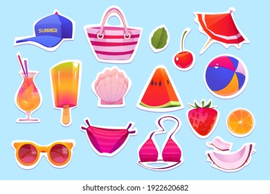 Cute summer stickers for girls, cartoon ice cream, pink bikini swimwear, watermelon and orange slices, cherry, cap with beach bag, shell, sunglasses and ball with umbrella, coconut or shell vector set