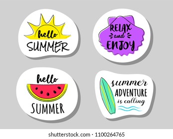 Cute summer stickers with illustration. Vector.