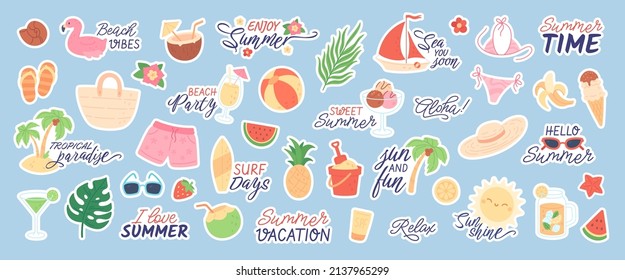 Cute summer stickers for planner, beach party doodles with funny quotes. Tropical vacation elements, fruits and cocktails, bikini, surfboard, summertime season sticker vector set