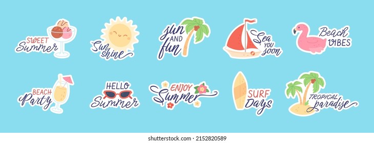 Cute summer stickers for planner, beach party doodles with funny quotes. Tropical vacation elements, fruits and cocktails, bikini, surfboard, summertime season sticker with text vector set