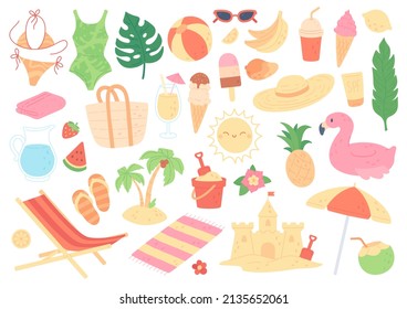 Cute summer stickers for planner, fruits and drinks, exotic leaves and flowers. Beach party elements, bikini, sandcastle, tropical vacation doodles, summertime sticker vector set