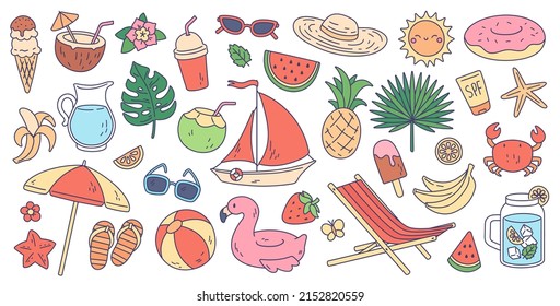 Cute summer stickers for planner, fruits and drinks, exotic leaves and flowers. Beach party elements, bikini, sandcastle, tropical vacation doodles, summertime sticker vector set