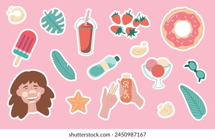 Cute summer stickers for planner, fruits and drinks, exotic leaves and flowers. Beach party elements, bikini, sandcastle, tropical vacation doodles, summertime sticker vector set