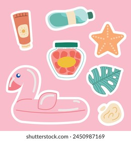 Cute summer stickers for planner, fruits and drinks, exotic leaves and flowers. Beach party elements, bikini, sandcastle, tropical vacation doodles, summertime sticker vector set