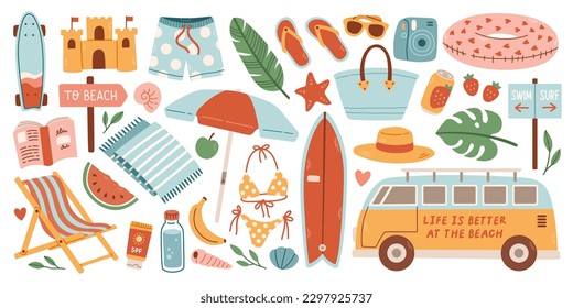 Cute Summer Stickers Set for daily planner. Collection of scrapbooking elements for beach party. Tropical vacation.