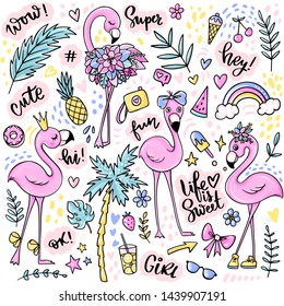 Cute summer stickers set with flamingos, ice cream, watermelon, pineapple, rainbow, lemonade, tropical leaves. Stickers, pins badges, patches Vector elements in flat style