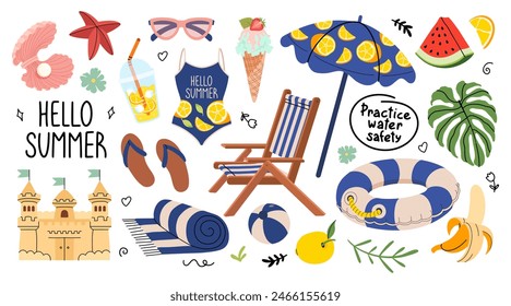 Cute Summer Stickers Set. Tropical vacation. Hello summer and water safety lettering. Beach holiday elements and activities. Lemonade, sunbed, umbrella, sand castle, lifebuoy. Vector illustration.