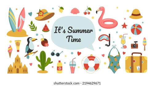 Cute summer stickers. Surfing and beach vacation. Summertime travel doodles. Fun tourism. Surfboard and pool flamingo. Tropical cocktail. Sand castle. Bikini and hat. Vector flat set