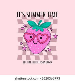 Cute summer strawberry cartoon with heart sunglasses, smiling face, and vibrant stars. Fun fruity vibe with checkered background. Perfect for t-shirt or summer party prints.