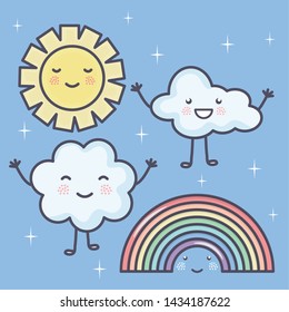 cute summer sun and clouds with rainbow kawaii characters