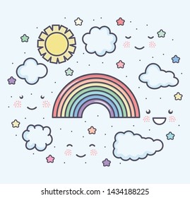 cute summer sun and clouds with rainbow kawaii characters
