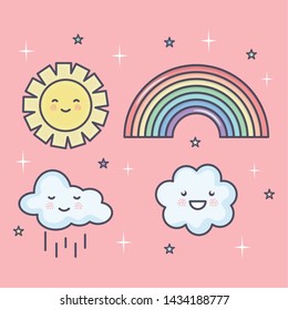 cute summer sun and clouds with rainbow set kawaii characters