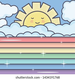 cute summer sun and clouds with rainbow kawaii characters