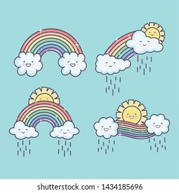 cute summer sun and clouds rainy with rainbow kawaii characters