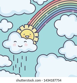 cute summer sun and clouds rainy with rainbow kawaii characters