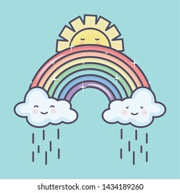 cute summer sun and clouds rainy with rainbow kawaii characters