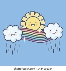 cute summer sun and clouds rainy with rainbow kawaii characters