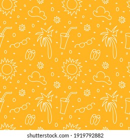 Cute Summer sun, sunglasses and palm tree. Seamless vector pattern in doodle style. Orange  and white colors. Illustration for fabric, paper, wallpaper.