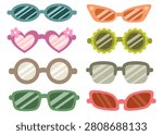 Cute Summer Sunglasses Clipart Set with Heart, Cat Eye, Round, Square and Flower Frame Glasses Vector Collection 