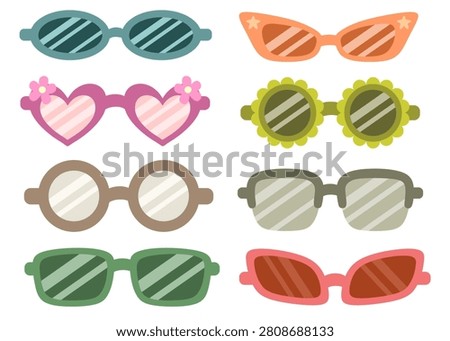 Cute Summer Sunglasses Clipart Set with Heart, Cat Eye, Round, Square and Flower Frame Glasses Vector Collection 