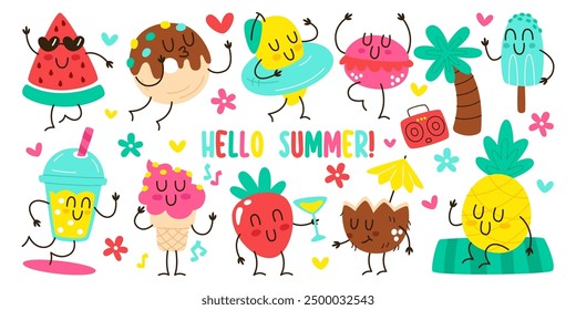 Cute summer sweet desserts, fresh ripe healthy fruits kawaii, refreshment drinks childish characters with positive smile on face. Funny food mascot, comic nutrition and beverages vector illustration