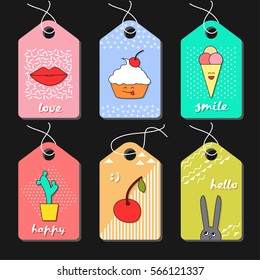 Cute summer tags set. Sticker in Retro design. Fun badges 80s - 90s fashion. Labels with ice cream, cake, lips, cherry, cactus and rabbit ears. Summer collection of Greeting Cards