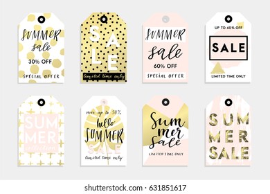 Cute summer tags set for your product with abstract textures, sale lettering and much more. Vector collection with hand drawn elements