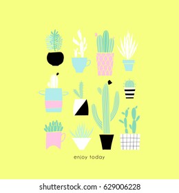 Cute summer theme cactus. Pretty and bright colors. Big hand drawn set of different cactus and succulents. Vector illustration