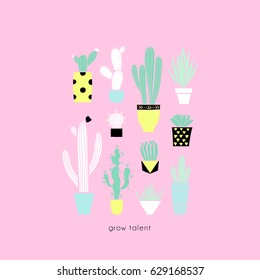 Cute summer theme cactus. Pretty and bright colors. Big hand drawn set of different cactus and succulents. Vector illustration