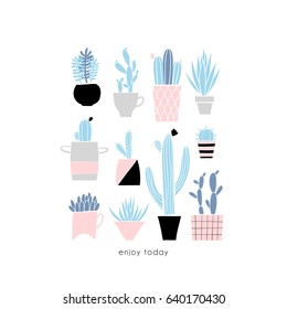 Cute summer theme cactus. Pretty and bright colors. Big hand drawn set of different cactus and succulents. Vector illustration