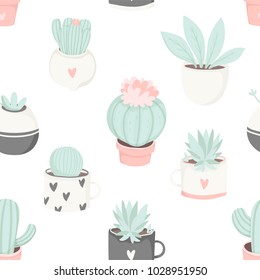 Cute summer theme cactus seamless pattern. Pretty and soft pastel colors. Pattern with different cactus and succulents. Vector illustration