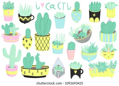 Cute summer theme cactuses. Pretty and bright colors. Big hand drawn set of different cactus and succulents. Vector illustration