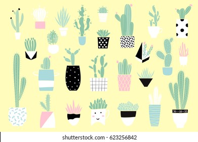 Cute summer theme cactuses. Pretty and bright colors. Big hand drawn set of different cactus and succulents. Vector illustration