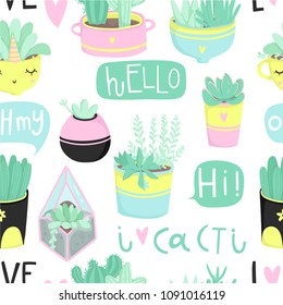 Cute summer theme seamless pattern with cacti. Pretty and soft pastel colors. Pattern with different cactuses and succulents in pretty pot. Trendy bright colors. Vector illustration with house plants