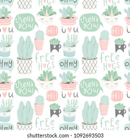 Cute summer theme seamless pattern with cacti. Trendy pretty and soft pastel colors. Pattern with different cactuses and succulents in pretty pot. Vector illustration with house plants and lettering