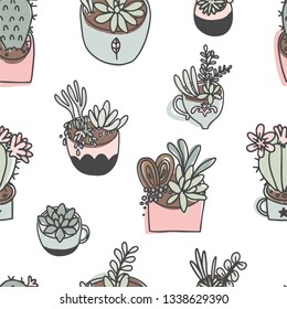Cute summer theme seamless pattern with succulents and cacti. Pretty and soft pastel colors. Pattern with different house plant in pretty pot. Vector illustration 