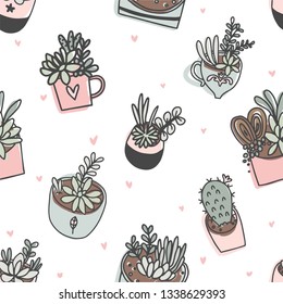 Cute summer theme seamless pattern with succulents and cacti. Pretty and soft pastel colors. Pattern with different house plant in pretty pot. Vector illustration 