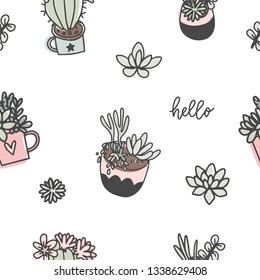 Cute summer theme seamless pattern with succulents and cacti. Pretty and soft pastel colors. Pattern with different house plant in pretty pot. Vector illustration 