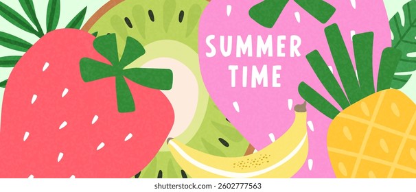 Cute Summer Time card or horizontal poster for summer holidays with berries and fruits. Hand drawn tropical template.