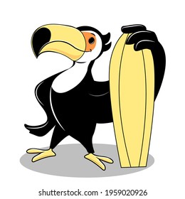 Cute summer toucan with surfboard. vector illustration isolated. Fashion sticker t-shirt design
