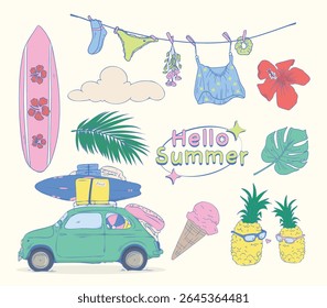 Cute Summer Travel Elements Pack Hand Drawn Style. Vector elements featuring cars, luggage, tropical fruits, ice cream, and surfboards. Ideal for invitations, web design, and summer-themed products.