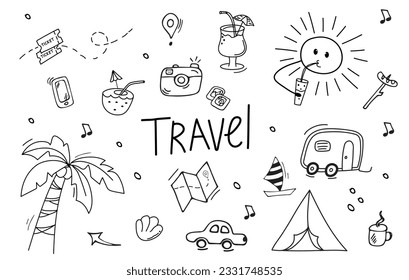 Cute summer traveling icons doodle set. Hand drawn elements. Summertime, traveling concept.