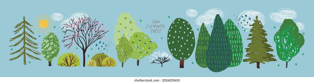 cute summer trees, vector isolated illustration of trees, leaves, fir trees, shrubs, sun, snow and clouds, elements of nature to create a landscape