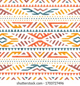 Cute summer tribal pattern. Colorful print in boho style. Ethnic and tribal motifs. Hand-drawn geometric ornament on a white background. Grunge texture. Vector illustration.