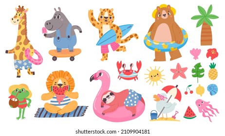 Cute summer tropical animals travel, surf and skateboard. Giraffe with swim ring, lion sunbathe on beach, fun hippo eat ice cream vector set. Sloth lying on flamingo ring, frog drinking cocktail