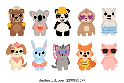 Cute summer tropical animals travel. Including brown bear, polar bear, panda, koala, sloth, cat, dog, pig, fox, and rabbit. Cartoon kids illustration.