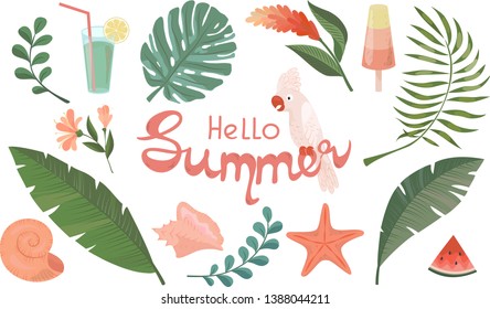 Cute summer tropical elements, parrot, flowers, leaves, shells, cocktail, collection, album. Vector set with cartoon tropical elements.