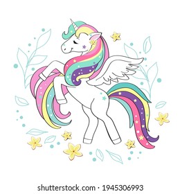 Cute summer tropical unicorn. Vector illustration of funny animals isolated. Design for baby room and baby t-shirts