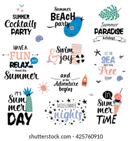 Cute Summer Typography Design Set with Trendy Holidays Elements. Trendy Typographic. Vector. Isolated. White Background. Scandinavian Concept. 
